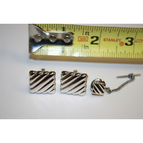Vintage Chrome Solid Ribbed Striped 1960s Cuff Links & Tie Tack Set Rare - Picture 4 of 4